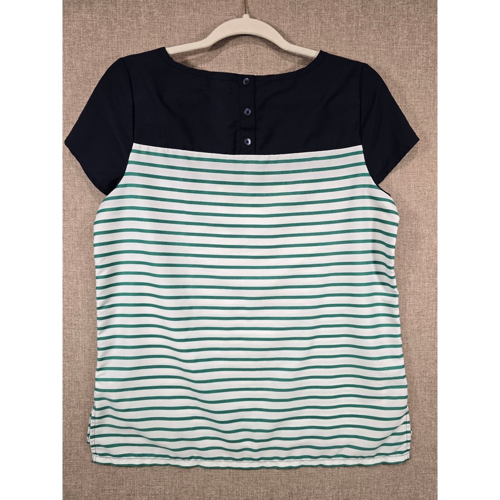 Gap Womens Navy Blue Colorblock Green Striped Short Sleeve Blouse Top Small